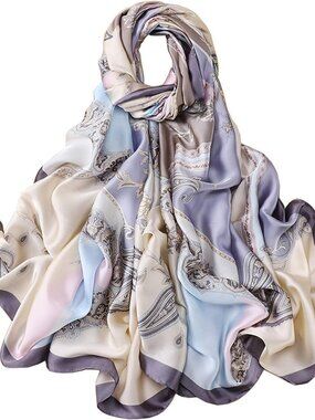 Women's Blue Lightweight Silk Like Scarves Flower Print Head Cotton Wrap Scarf